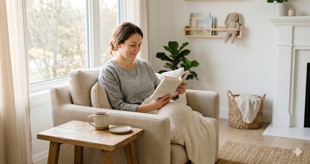A mother reading quietly in a sunlit room — best gentle parenting books