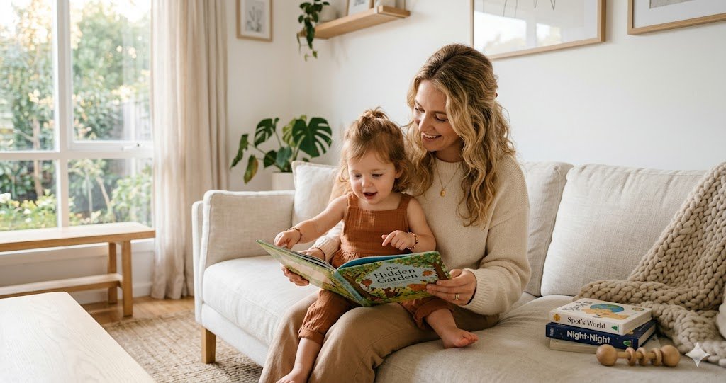Mother reading a feelings picture book with her toddler on a sunny living room sofa — best books for toddler emotions and feelings