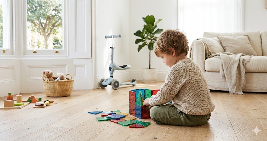 A three-year-old playing with magnetic tiles and wooden toys on a bright white living room floor — best gifts for 3-year-olds 2026