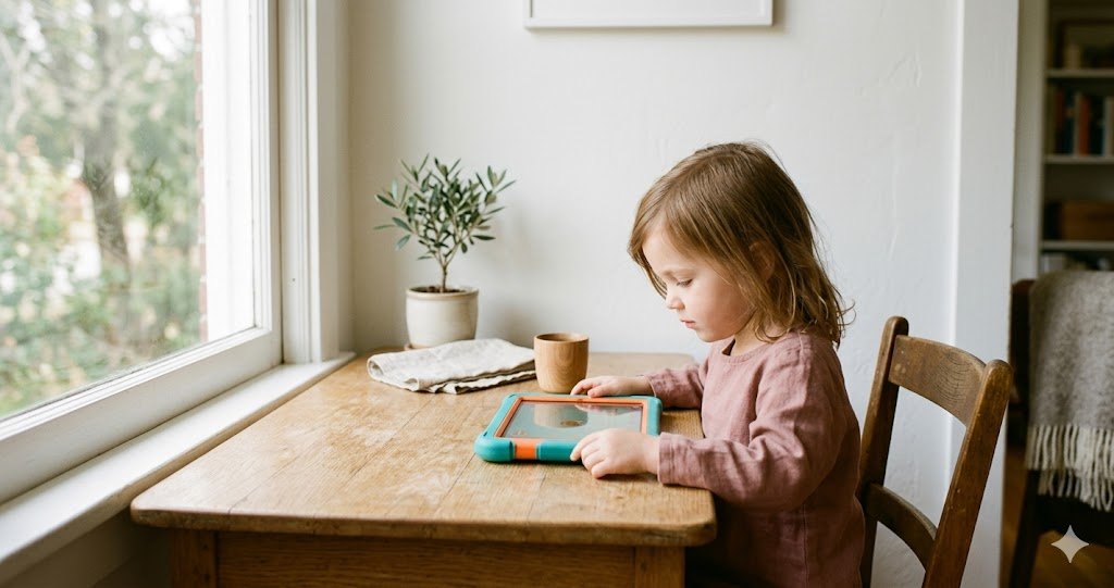 A young child using a kids' learning tablet at a sunlit table at home
