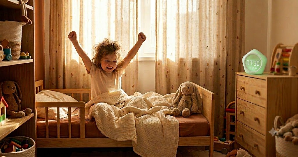 Toddler girl stretching happily in bed at sunrise while an ok-to-wake clock on the dresser glows green showing 7:00