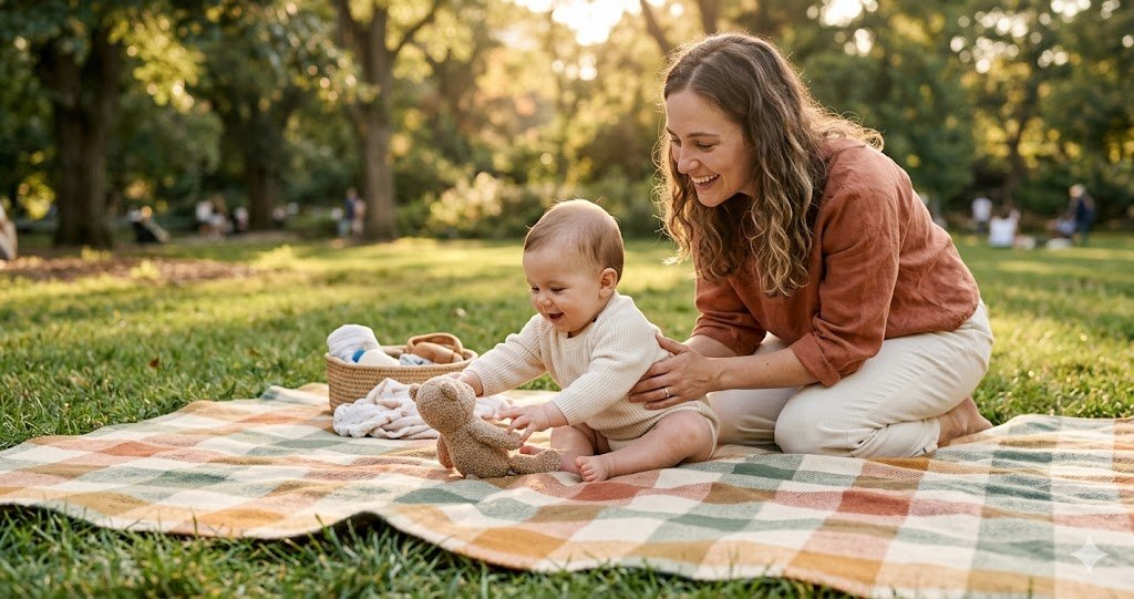 Mother and baby together on a cushioned outdoor picnic blanket in a sunny park