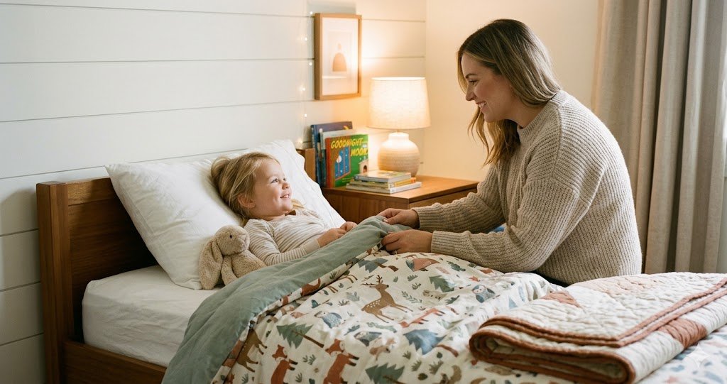 Mother tucking her young daughter into bed at night - choosing the best overnight potty training pants for dry mornings