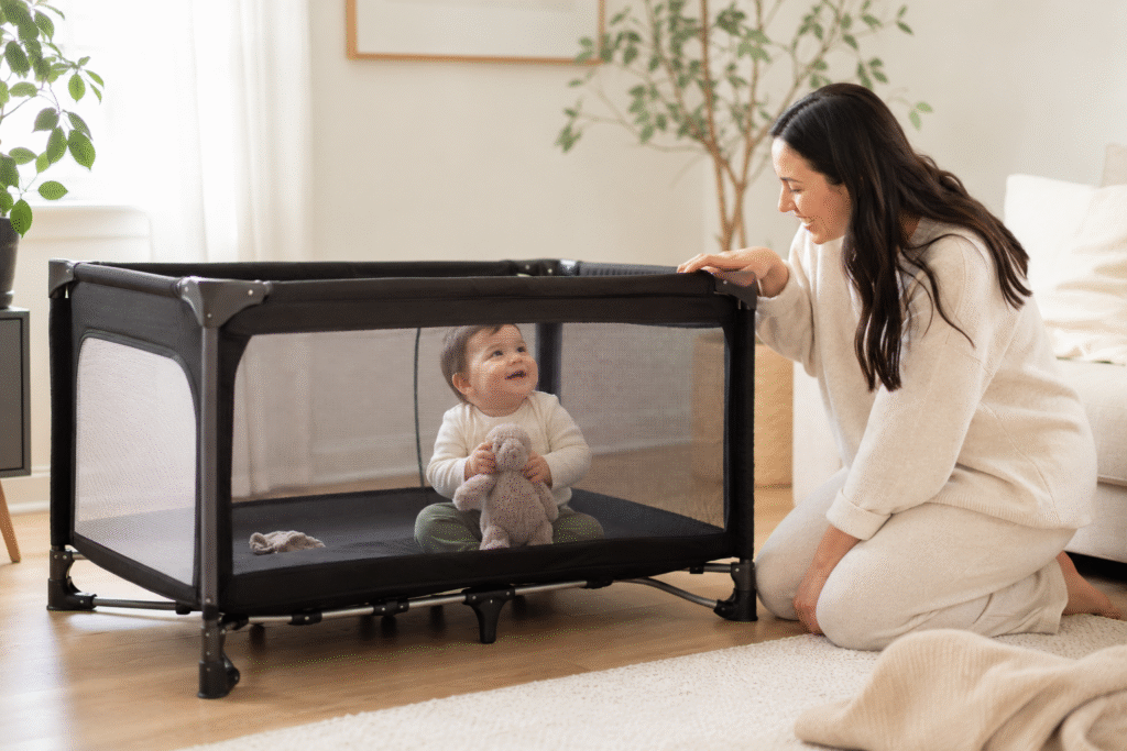 Mother kneeling beside a mesh baby playard in a bright living room while her baby plays inside, best pack 'n plays and playards 2026
