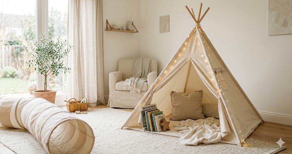 Natural canvas teepee play tent set up as a cozy reading nook in a bright living room
