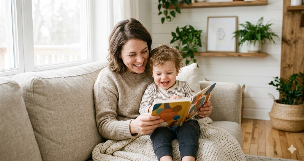 Mom and toddler reading a board book together on the living room sofa