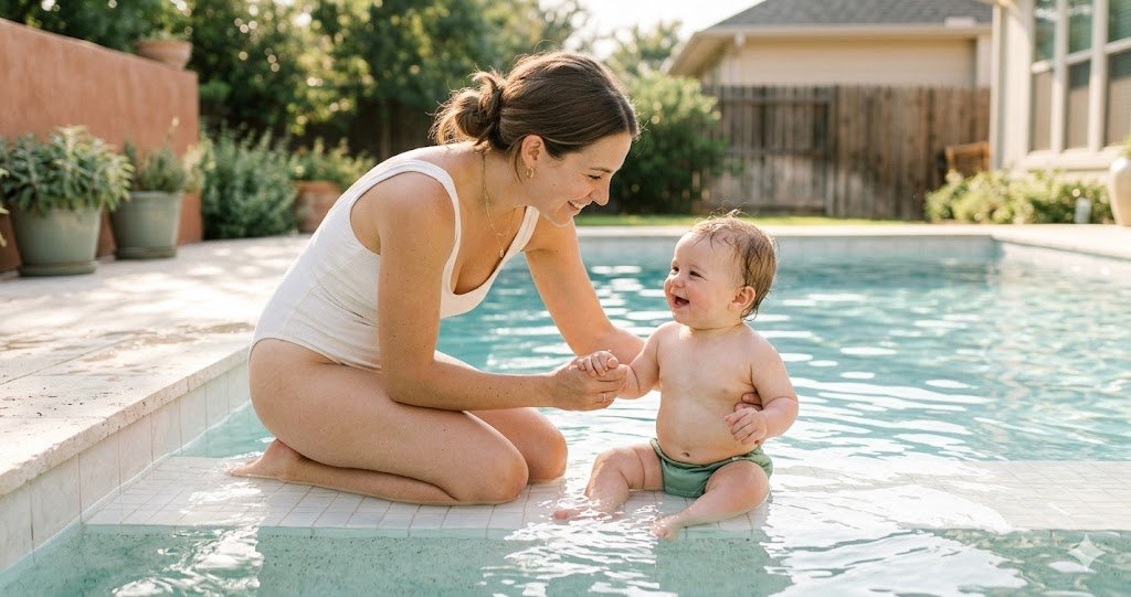 Mother kneeling at a sunny pool supporting her baby in a reusable swim diaper — best reusable swim diapers guide