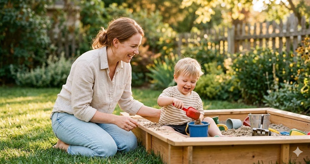 Mother and toddler playing together in a backyard sandbox on a sunny summer afternoon