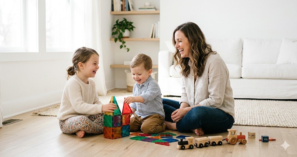 Mother and two young children playing with colorful magnetic tiles and wooden toys together on a bright living room floor