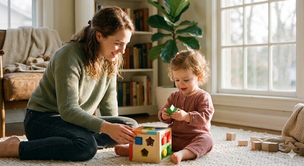 Toddler playing with a wooden shape sorter while mom helps in a sunlit living room