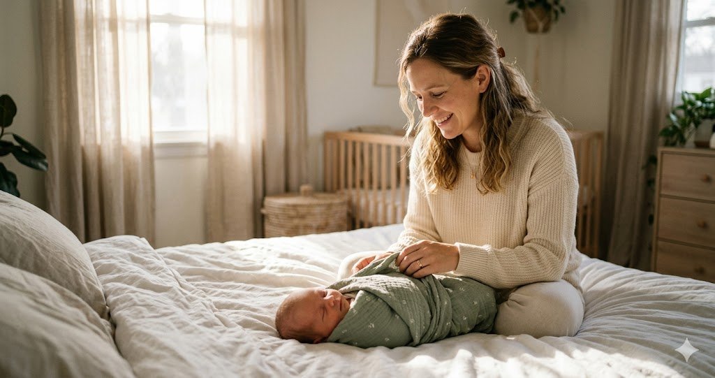 Mom swaddling her newborn baby in a soft cotton swaddle on a bed in warm morning light