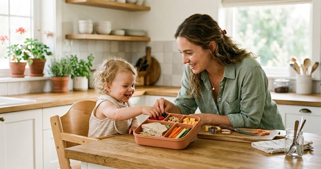 Mother and toddler packing a colorful bento lunch box together at a sunny kitchen counter