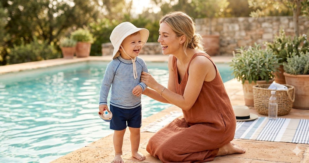 Mom and toddler at the pool, child wearing a long-sleeve UPF 50+ rash guard swimsuit