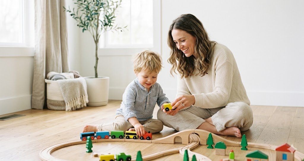 Mom and toddler son playing with a wooden train set on the living room floor