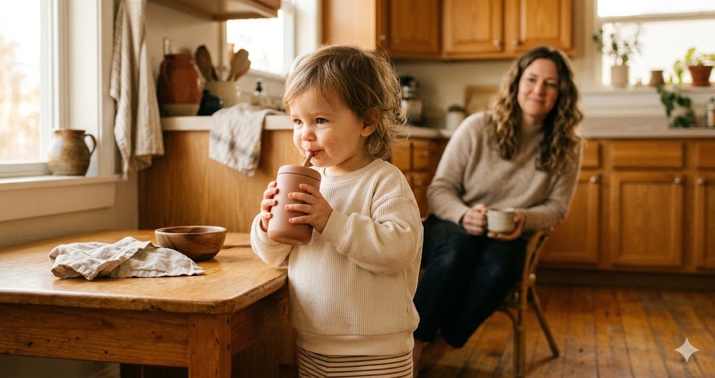 Toddler sipping water from a small open training cup in a sunlit kitchen while mom smiles beside them, illustrating cup transition by age.