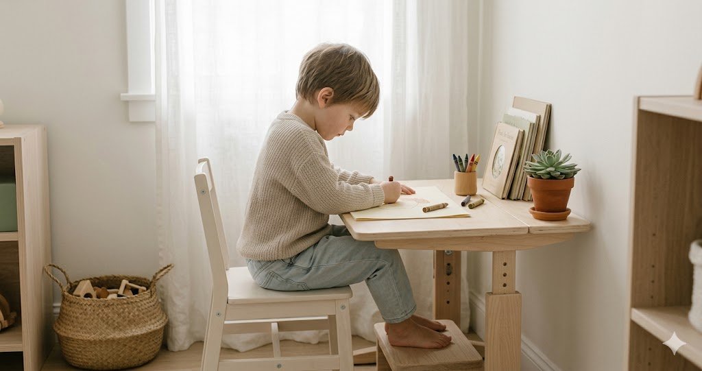Preschooler sitting with feet supported and good posture at an ergonomic height-adjustable kids' desk and chair in a bright, airy room