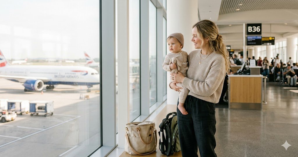 Mother holding her toddler at a bright airport gate window with a packed diaper bag and folded travel stroller, ready for flying with a baby