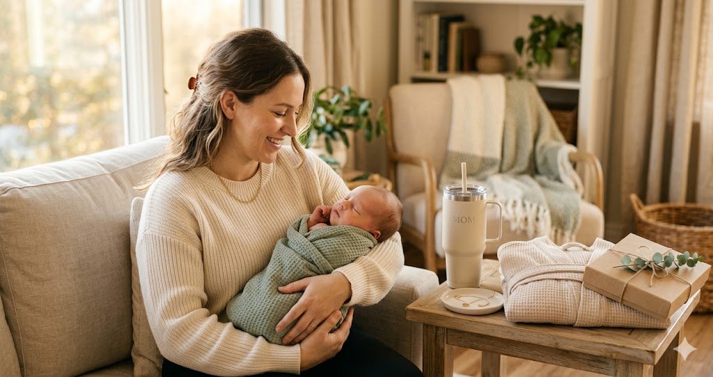 New mom holding her newborn beside a selection of thoughtful gifts for new moms