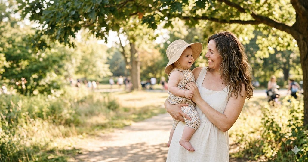 Mother holding her baby in a wide-brim sun hat in the dappled shade of a tree on a bright summer day