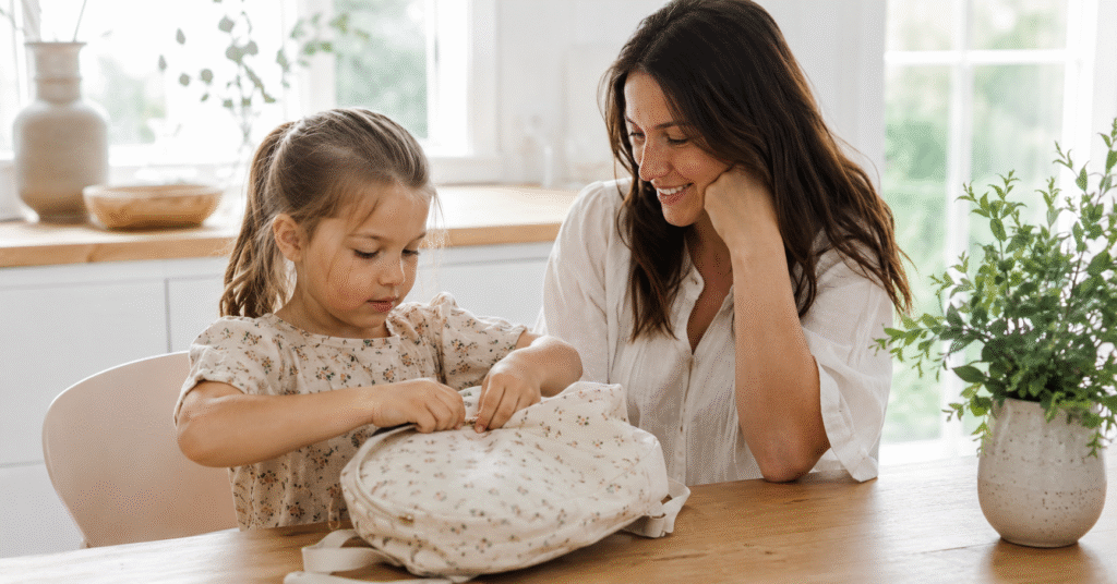 Mother watching her preschool-aged daughter zip her own backpack while building kindergarten readiness skills