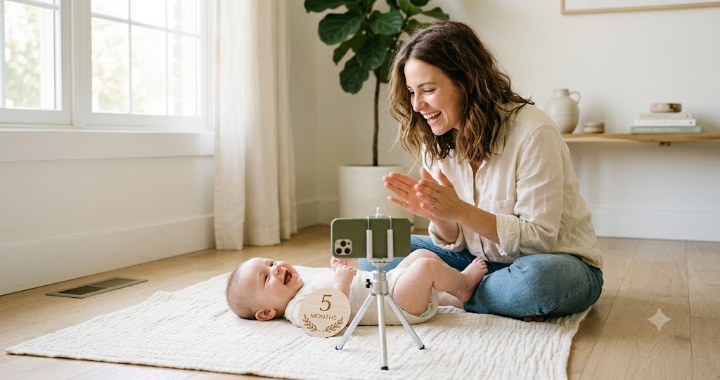 Mother taking a milestone photo of her baby on a blanket by a window using a phone tripod and natural light