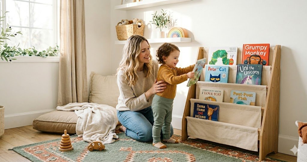 A mother and toddler choosing a picture book from a low Montessori front-facing bookshelf in a bright reading nook
