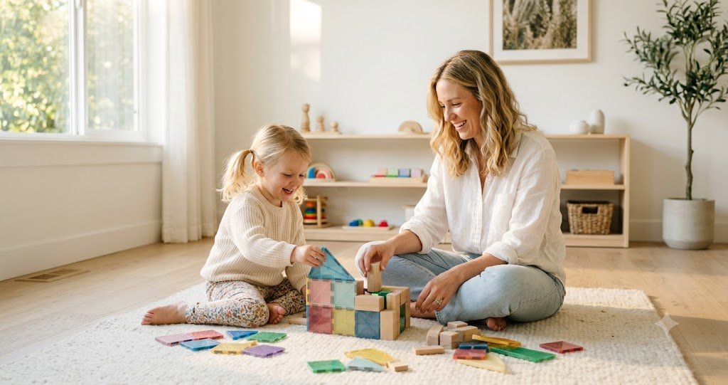 Mother and preschooler building with wooden blocks and magnetic tiles — Montessori open-ended toy gift guide by age