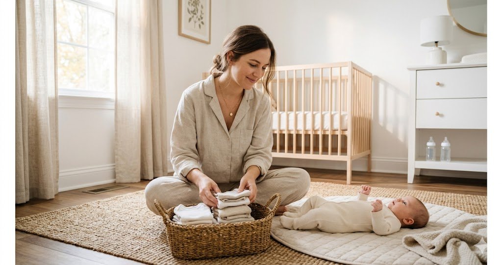 Mother sorting stacks of neutral newborn onesies on the floor of a bright nursery with baby bottles nearby, planning how many baby clothes to buy