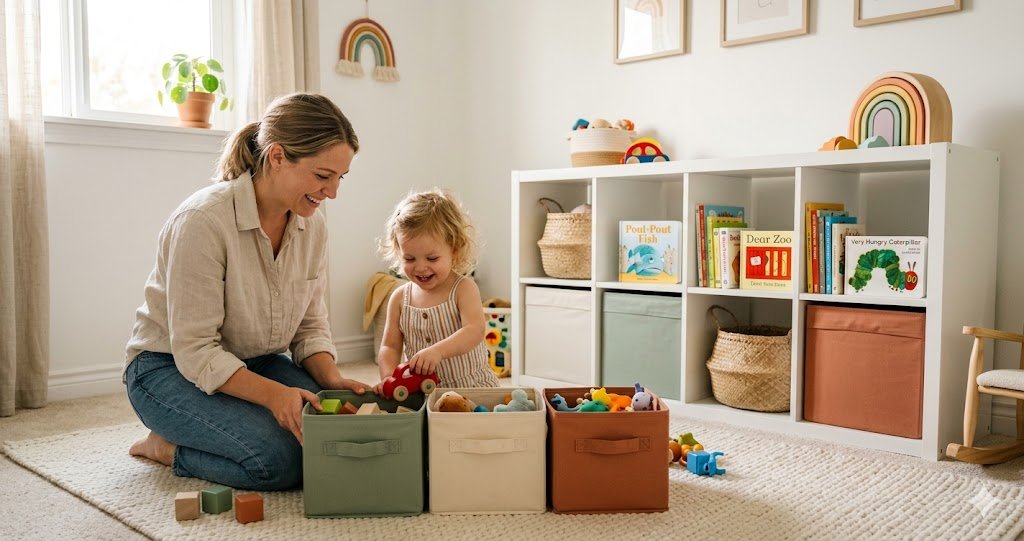 Mother and toddler placing toys into open storage bins on a white nursery shelf — nursery storage bins and toy organizers
