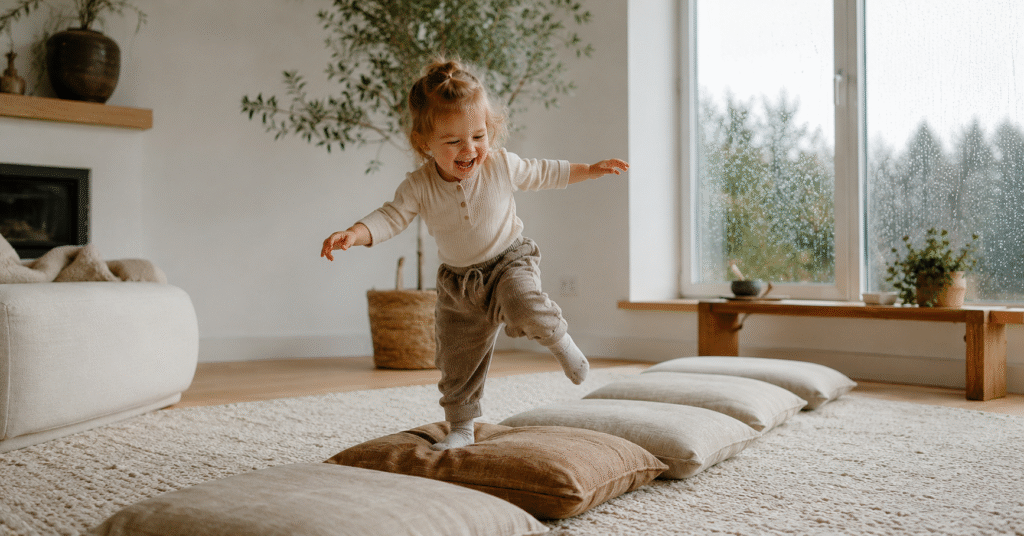 A laughing toddler stepping across colorful cushions on a rug in a bright white living room on a rainy day — indoor movement to burn toddler energy inside.