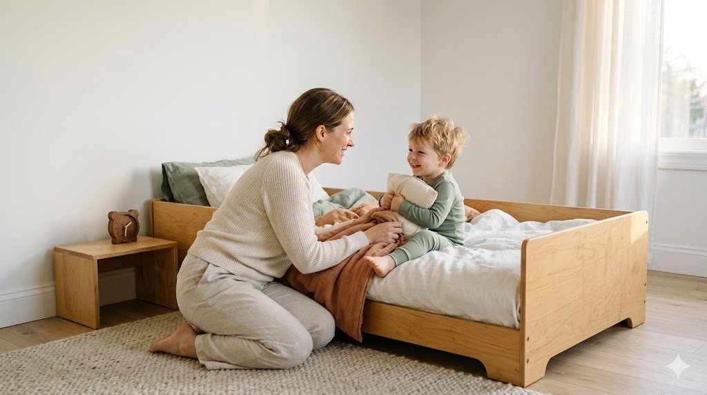 Mother tucking her toddler into a low wooden toddler bed in a bright bedroom after transitioning from the crib