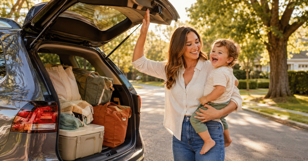 Mother holding her toddler beside a packed SUV trunk before a family road trip