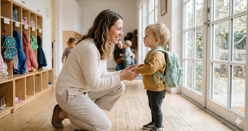 Mother kneeling to say goodbye to her toddler son wearing a small backpack at daycare drop-off during his first week