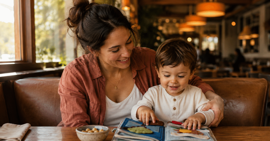 Mother and toddler eating together at a restaurant table with a busy bag and suction bowl setup