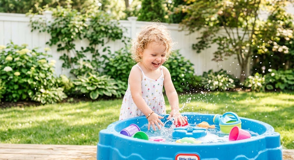 Toddler laughing while playing at a water table in a sunny backyard — toddler backyard setup ideas on any budget