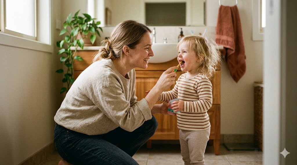 Mother kneeling to gently brush her laughing toddler's teeth at the bathroom sink