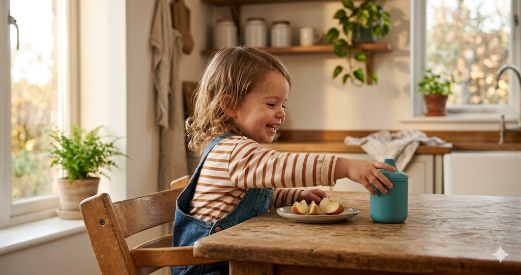 Smiling toddler reaching for a small cup at a kitchen table in warm morning light