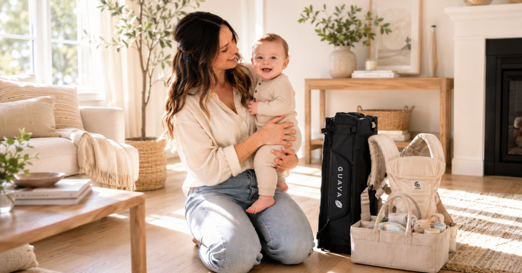 A mother holds her baby in a sunlit living room with packed travel baby gear, ready for visiting grandparents
