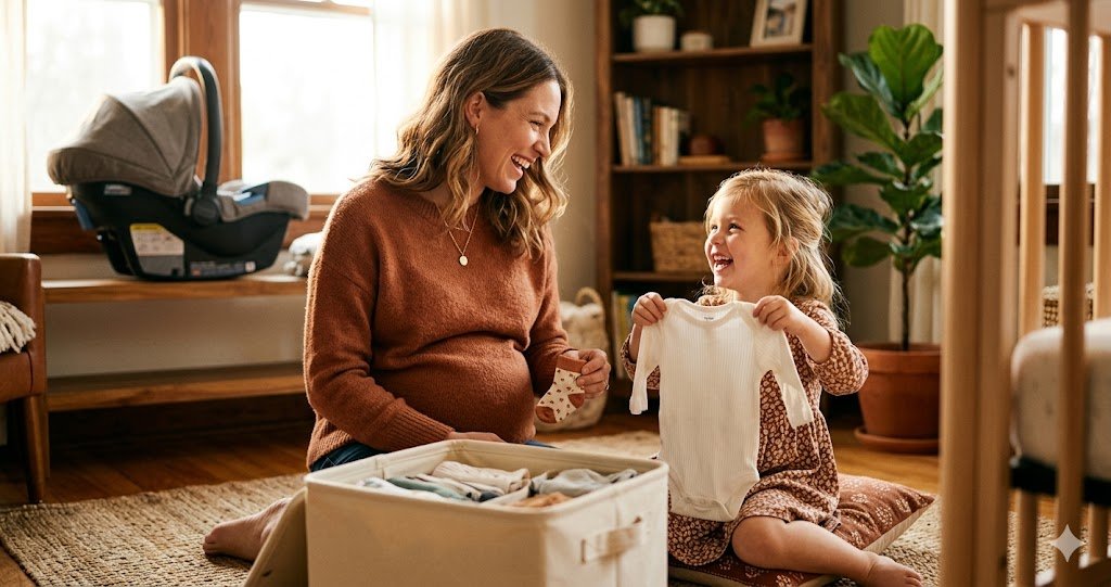 What to reuse for second baby: pregnant mom and daughter sorting hand-me-down baby clothes from a storage bin