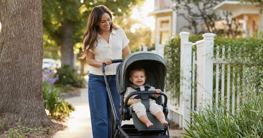 A mother pushing a toddler in a stroller on a sunlit neighborhood sidewalk, choosing the right type of stroller