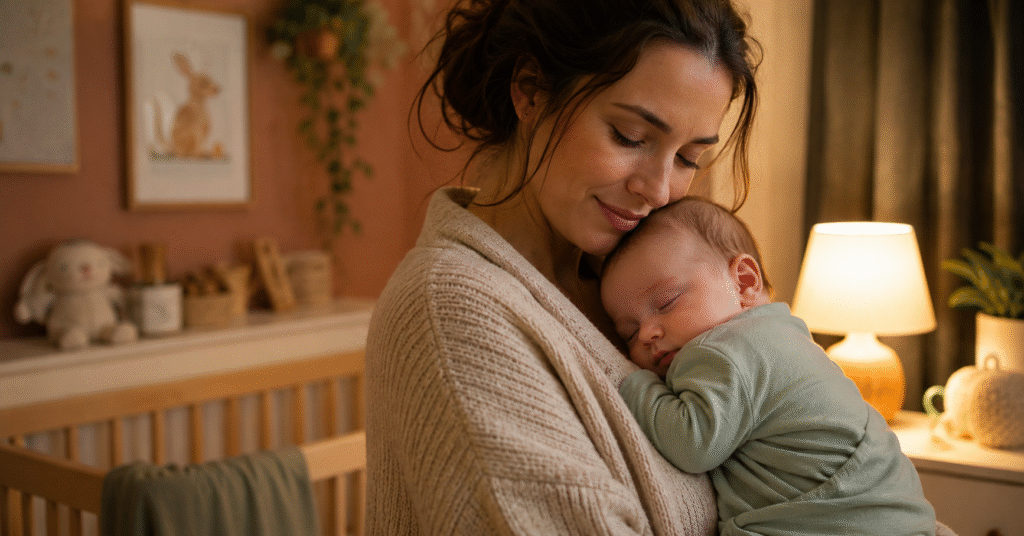 Tired mother gently holding her sleeping 4-month-old baby in a warm dimly lit nursery at night during the 4-month sleep regression