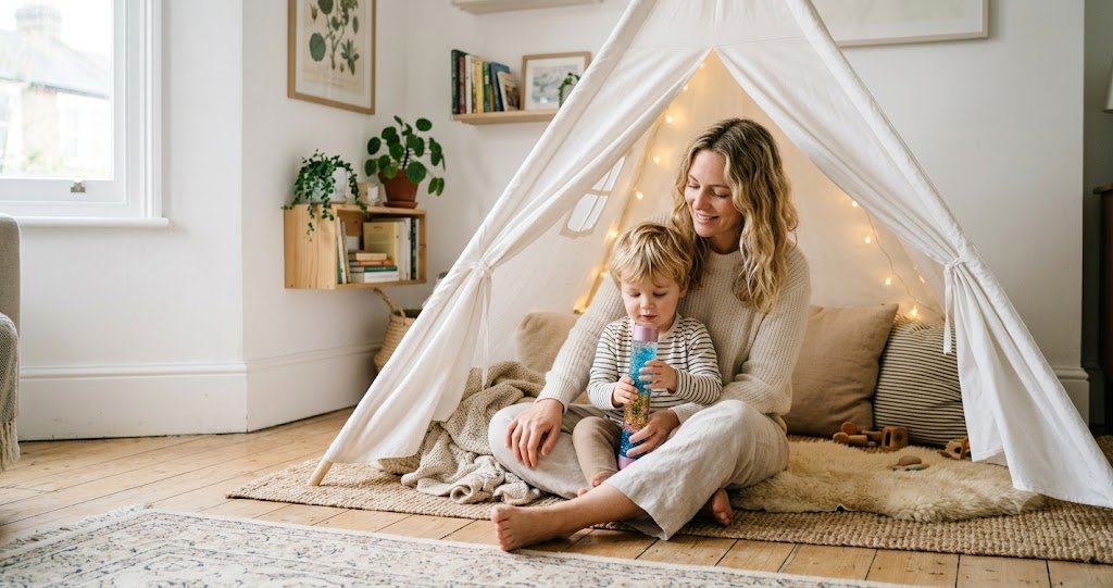 Mother and toddler sitting together inside a cozy calm-down corner teepee with soft string lights