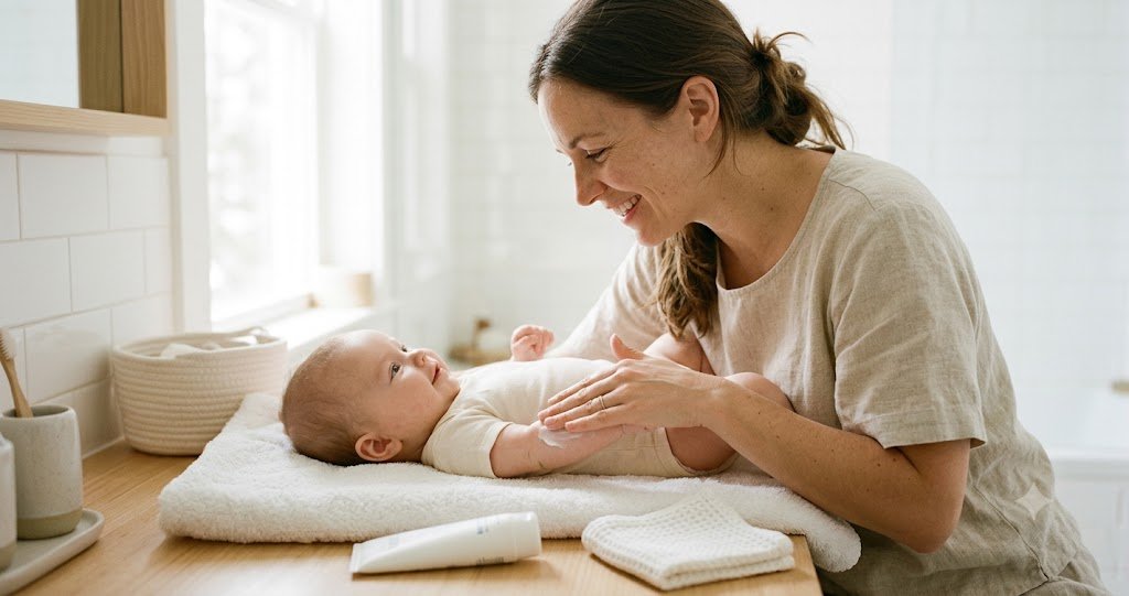Mom applying fragrance-free moisturizer to her baby's skin after a lukewarm bath, part of a baby eczema flare care routine