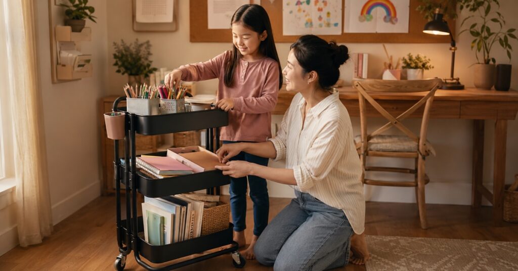 Mother and school-age daughter organizing a black three-tier rolling cart with homework and craft supplies