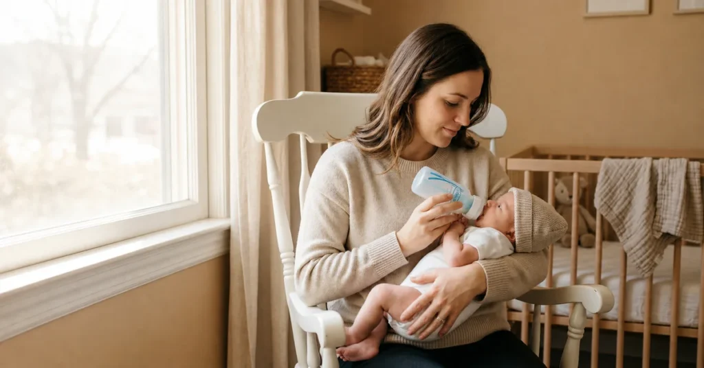 Mother bottle-feeding her newborn in a warm nursery
