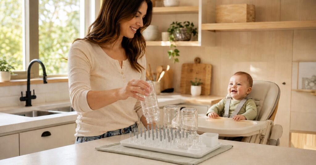 Mother placing a clean baby bottle on a drying rack beside her baby in a high chair