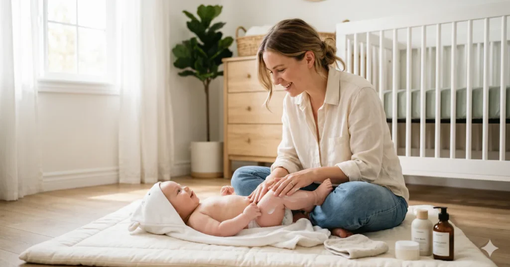 Mother applying lotion to her baby’s legs in a bright nursery