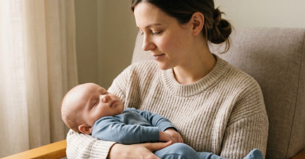 Mother holding her sleeping baby before a gentle nail-care routine