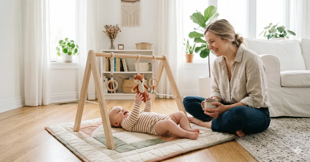 Baby lying under a wooden play gym on a quilted play mat while a mother sits nearby