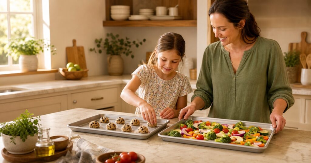Mother and daughter preparing vegetables and cookie dough on two rimmed baking sheets in a warm family kitchen
